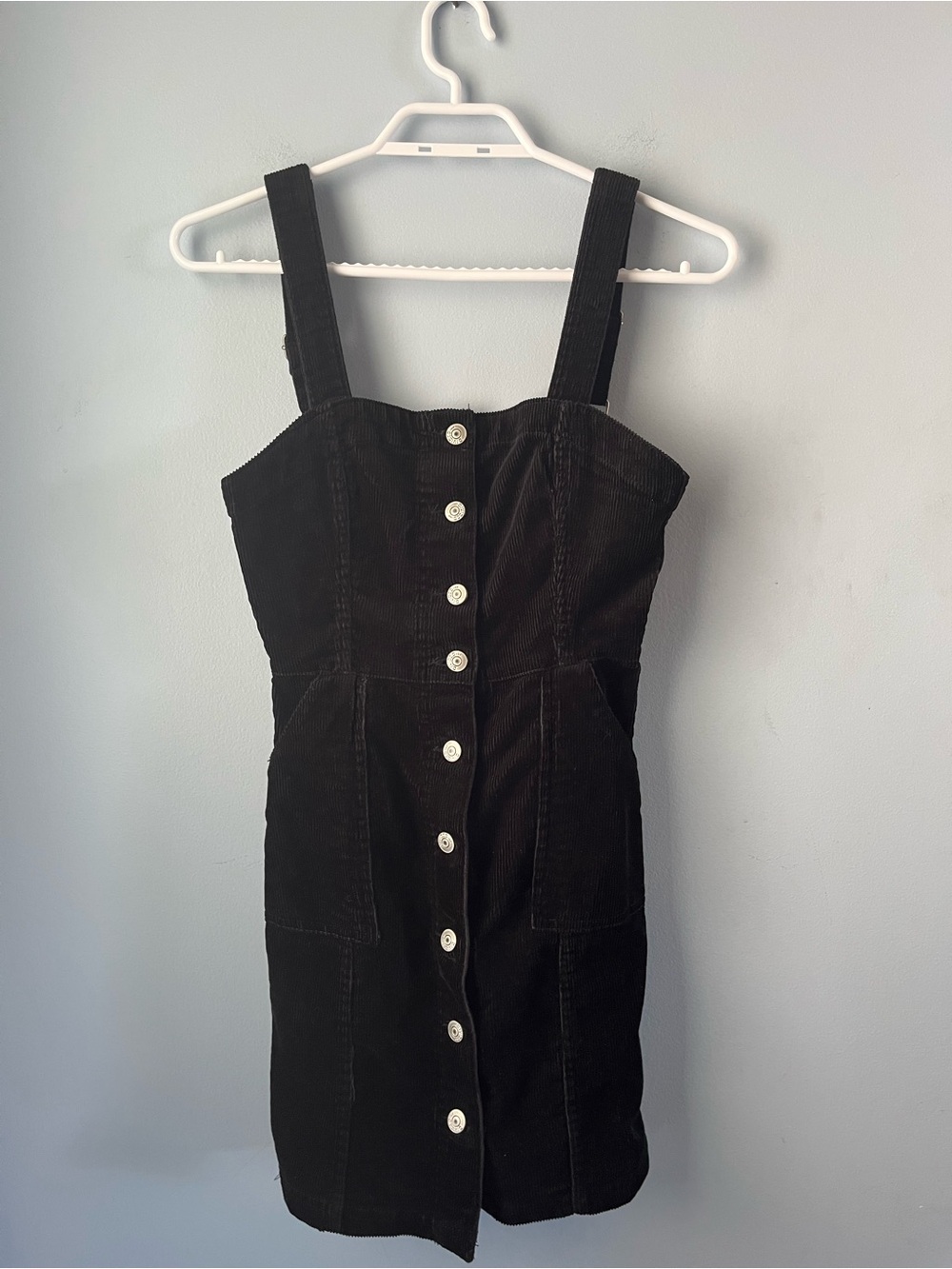 H&M Divided Black Button-Front Corduroy Overall Dress Pockets Size 0